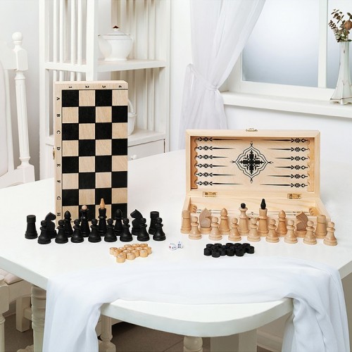 Игра 3в1 дорожная с обиходными деревянными шахматами 